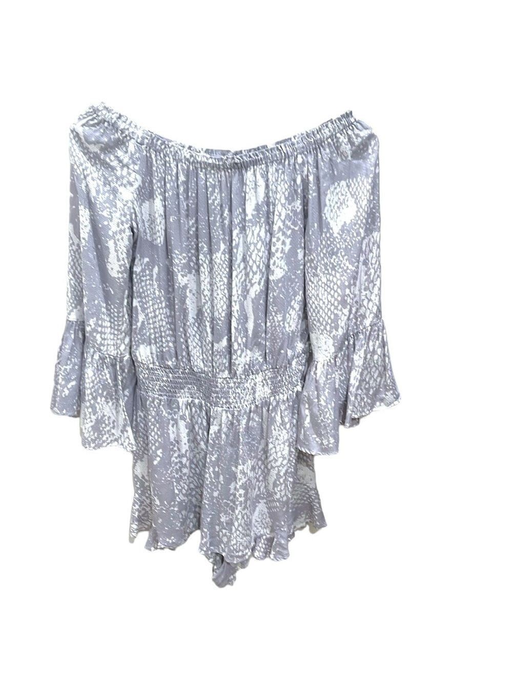 Surf Gypsy Off The Shoulder Ruffled Snakeskin Print Romper Grey White SZ S